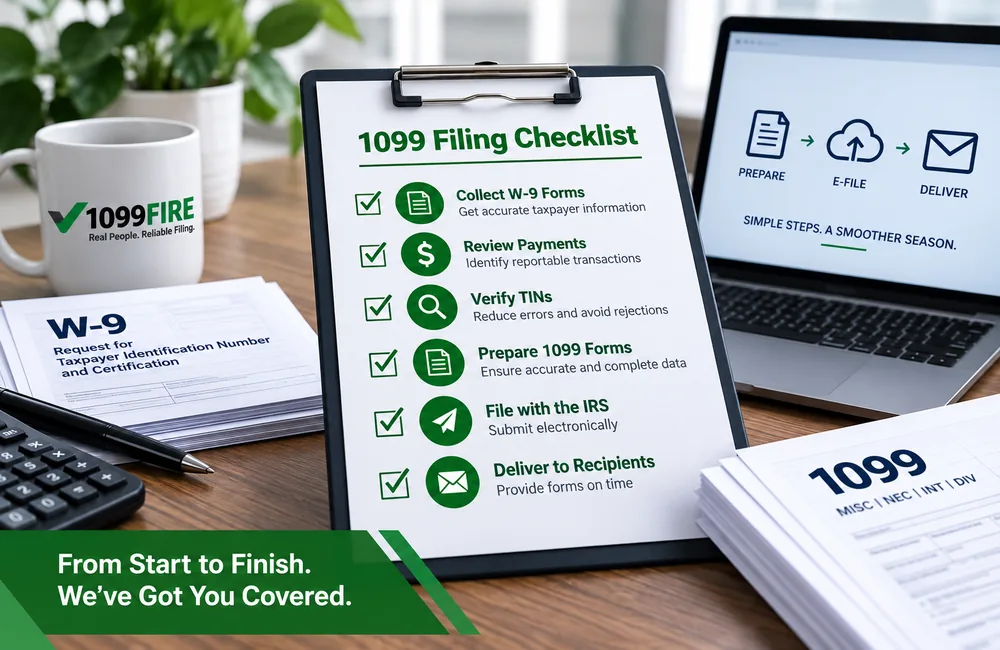 1099 filing checklist showing W-9 collection, payment review, TIN verification, 1099 preparation, IRS e-filing and recipient delivery.