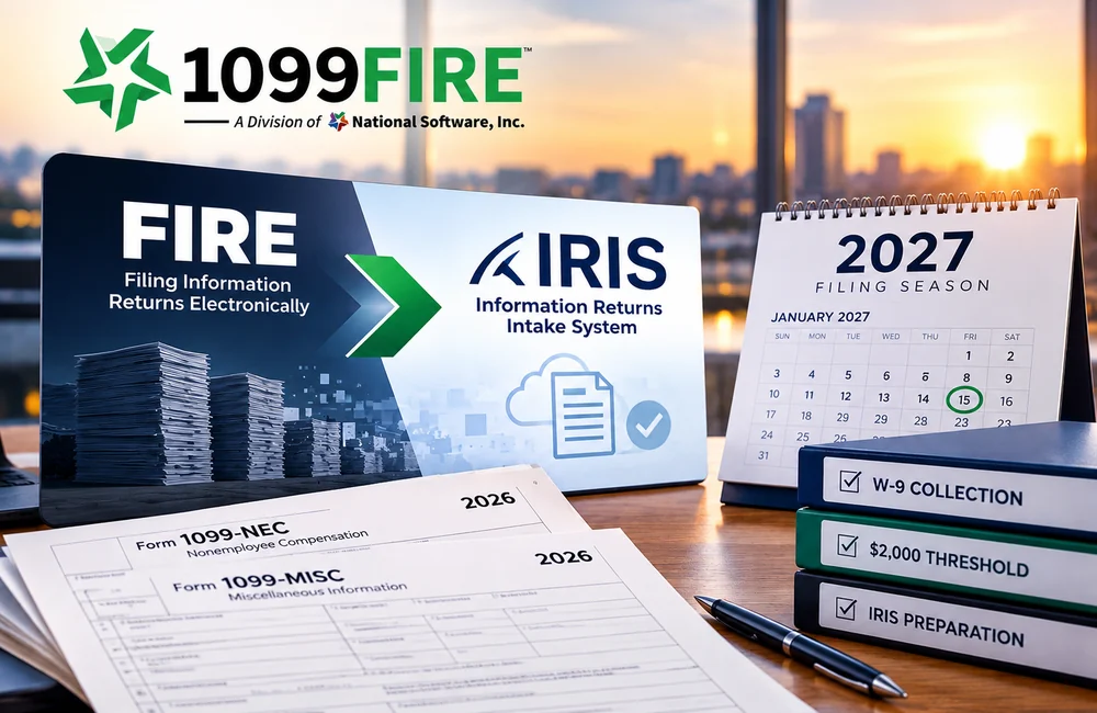 Desk with a sign showing the move from the IRS FIRE system to IRIS, a 2027 filing season calendar, 2026 Forms 1099-NEC and 1099-MISC, and binders labeled W-9 collection, $2,000 threshold and IRIS preparation